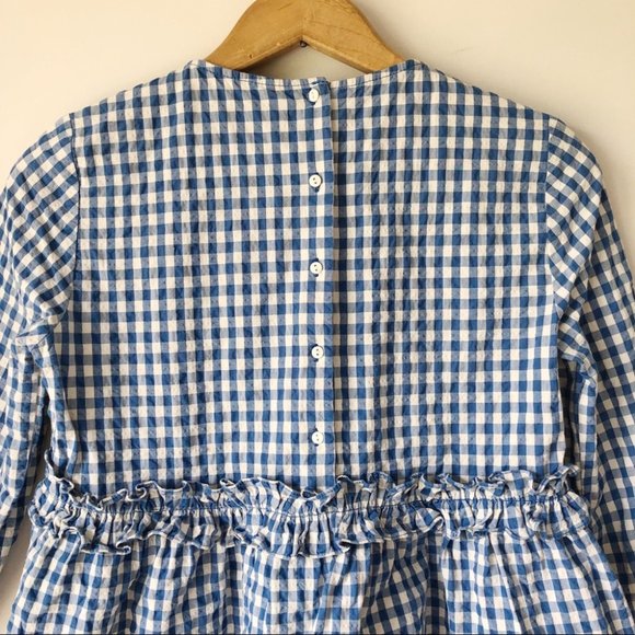 Zara Gingham White Blue Check Ruffle Top Crew Neck - Picture 6 of 9